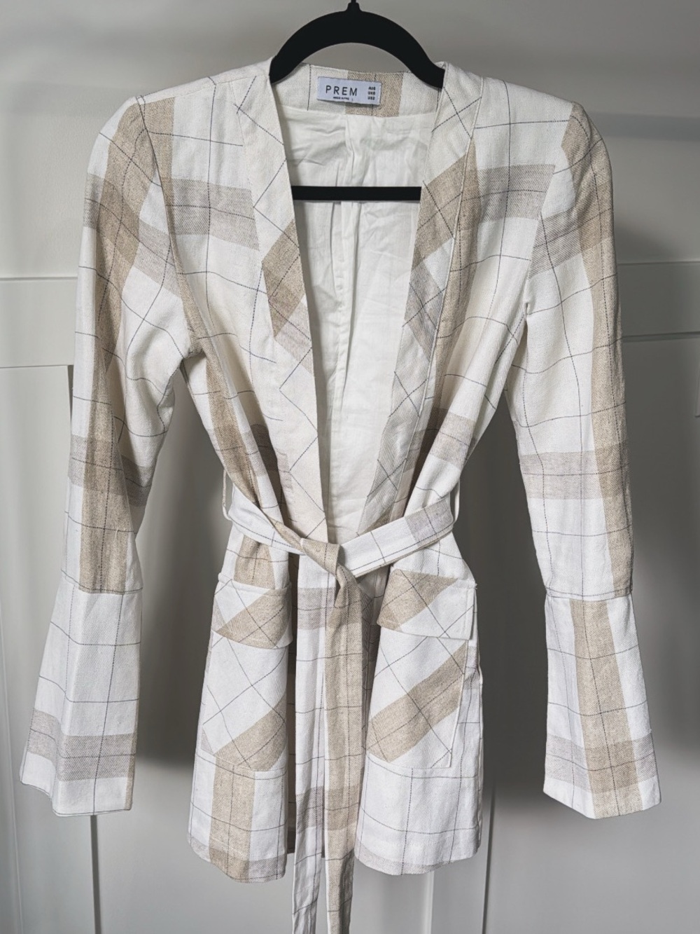 PREM The Label neutral grid plaid wrap jacket